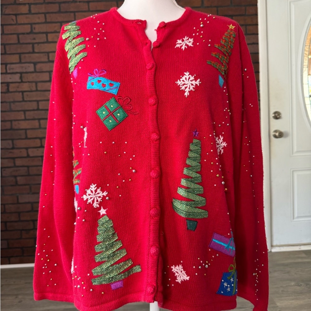 Designers Originals‎ Studio Joy Christmas Cardigan Red 1X Embroidered Trees